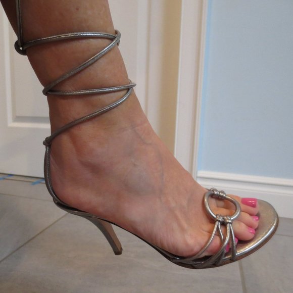 LAST CHANCE  SERGIO ROSSI Silver Leather Laces High Heel Sandal - Picture 7 of 10